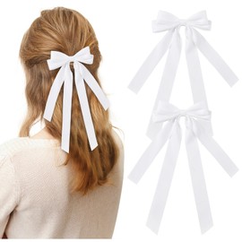 YLEN YHXX 2PCS Silky Satin Hair Bows for Women Long Ribbon Hair Clips for Girl Handmade Hair Accessories for Women Girls Toddlers Teens Kids (White)
