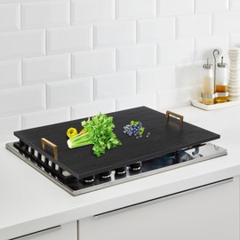 Acacia Wood Stove Top Cover for Gas & Electric Burners 29"*21" Noodle Cutting Board with Metal Handles Decorative Oversized Kitchen Serving Tray for Countertop Chopping Decorating (Black+Golden)