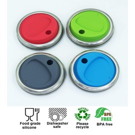 THINKCHANCES Reusable Food Grade and BPA Free Silicone Round Sip Coffee Juice Drinking Straw Lid Set with Stainless Steel Rings for Mason, Ball, Canning Jars, Pack of 4 Sets (Wide Mouth,Round Hole)