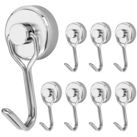 POPPSTAR Magnet Hook Extra Strong Rotatable 8 Pieces (15 kg Clamping Force, Length 4.3 cm, Diameter 2 cm) Neodymium Hook Magnets, Silver