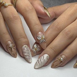 3D Gold Press on Nails Medium Almond Fake Nails with Butterfly Bow Pearl Design Stick on Nails Water Ripple False Nails Bling Glitter Full Cover Acrylic Glue on Nail for Women Manicure 24Pcs