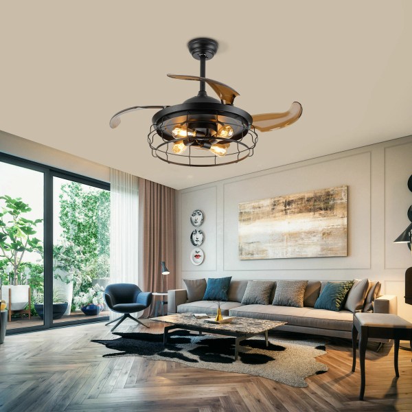 42'' Rustic Ceiling Fan Light Remote Control Chandelier Retractable Blades