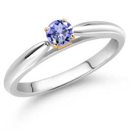 Gem Stone King 0.18 Ct Round Blue Tanzanite 925 Silver and 10K Yellow Gold Solitaire Engagement Ring (Size 5)