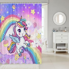 Feelyou Cute Unicorn Shower Curtain Rainbow Fabric Shower Curtain for Kids Boys Girls Decor Starry Bathroom Waterproof Accessories with 12 Hooks Microfiber Fancy Curtains Bedroom,72x72 Inches