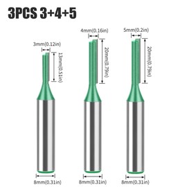 Boxonly 3 PCS Straight Router Bit Set 8mm Shank,Double Flute Woodworking Milling Cutter Router Bit Sets 3mm 4mm 5mm Cut Diameter Cutting Trimming Cutter Routing Bits