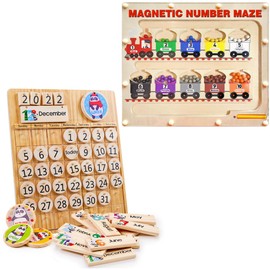 Panda Brothers Set of 2 Toys: Number Maze & Wooden Calendar. Montessori Toys for Kids,Wooden Toys,Sensory Toys for 3 4 5 Year Old,Busy Board, Preschool Classroom STEM Toy for boy