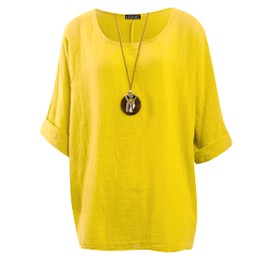 Love My Fashions Women's Italian Tunic Top Round Neck 3/4 Sleeve Plain Casual Lagenlook Top Plus Size UK Fashion Comfortable Oversized Loose Fit Top Lemon