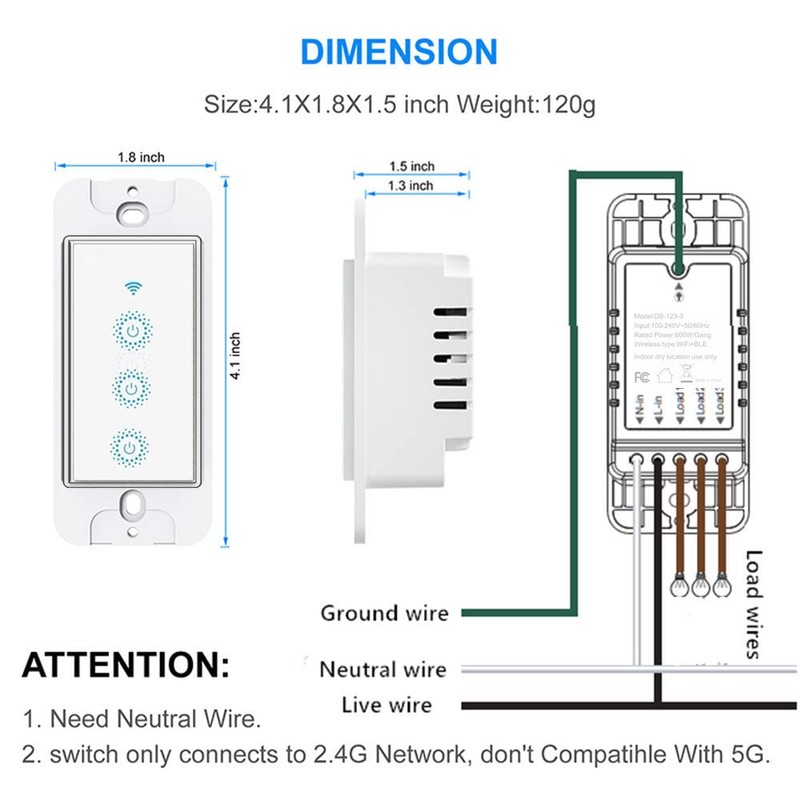 Nexete Smart Wi-Fi Triple Light Switch,3 Individual Single Pole Switch,Remote