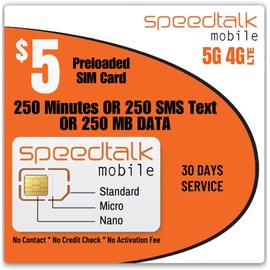 SpeedTalk Mobile SIM Card Kit for Smart Phones & Cellphones | $5 Monthly Plan - 250 SMS Texts OR 250 Minutes OR 250 MB 5G 4G LTE Data | 3-in-1 Standard Micro Nano Size | 30 Days USA Wireless Coverage