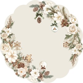 50 Pcs Pine Branch Ornament Christmas Paper Place Mats, 13.5 inch Gingerbread christmas Scalloped Disposable Placemats Round Placemats for Table Paper Decoration for Chrismas Winter and New year party