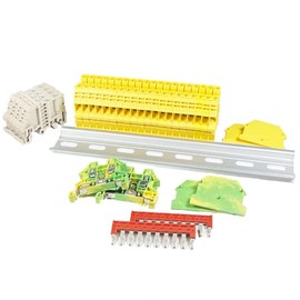 ICI Dinkle - Kit de bloque de terminales de riel DIN #1 amarillo 20 DK2.5N-YW calibre 12 AWG 20A 600V tierra DK2.5N-PE puente DSS2.5N-10P cubiertas de extremo soportes extremos