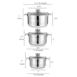 6-Piece Stainless Steel Cookware Set (3Qt, 4Qt, 5.25Qt) with Tempered Glass Lid