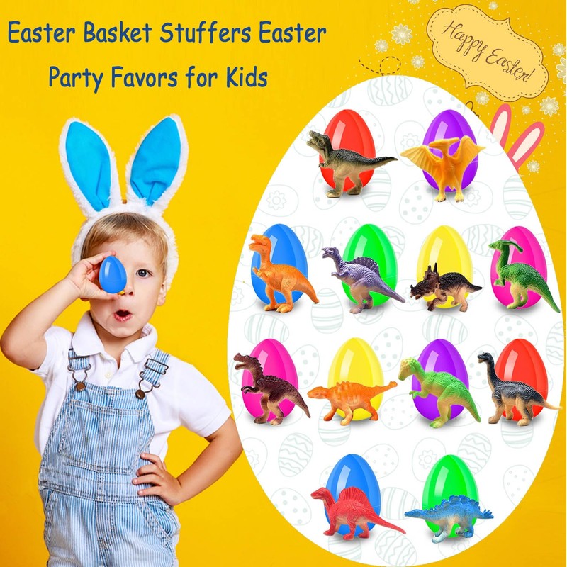 UPINLOOK 24Pcs Easter Eggs with Dinosaurs Inside, Easter Basket Stuffers