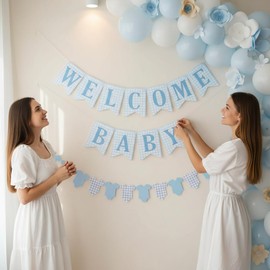 Juego de pancarta de baby shower a cuadros azules – Banner de bienvenida para bebé, decoración premontada para niño, revelación de género, accesorio para fotos, letrero de puerta de ducha para bebé