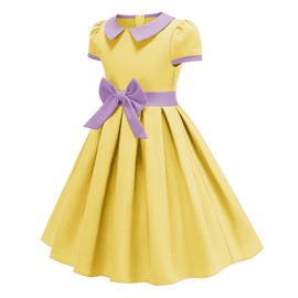 Kids 1950s Vintage Dresses for Girls 50s Outfits Doll Collar Bowknot Audrey Hepburn Rockabilly Cocktail Swing Dress Short Sleeve Pleated Retro 50s Style Tea Party Prom Church Clothes Yellow 8-9 Years