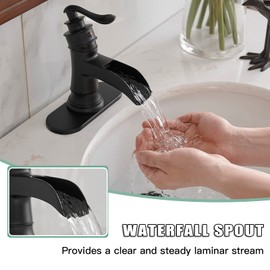 BWE Black Bathroom Faucet Matte Waterfall Sink Farmhouse Bath Vanity Single Hole Faucets One Handle Basin Antique centerset Restroom Mixer Tap Supply Line