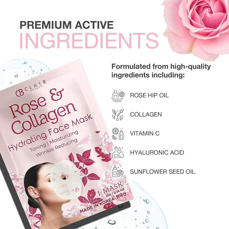 CLAIR BEAUTY Rose & Collagen Hydrating Facial Sheet Mask /No