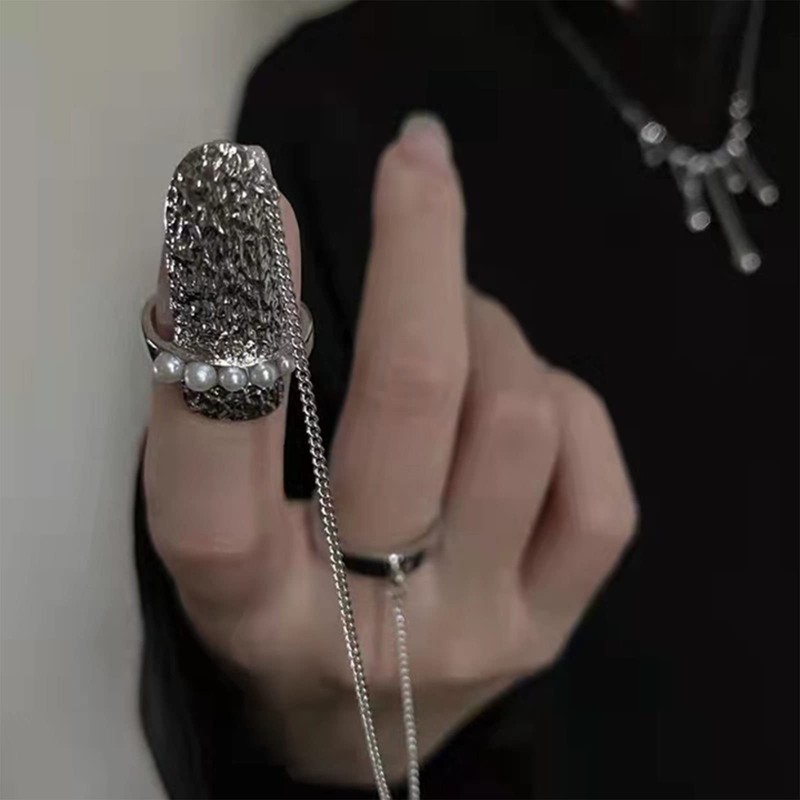 Inateannal Pearl Fingernail Ring Open Nails Ring Chain Fingertip Manicure