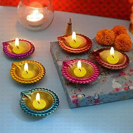 Satvik 12 Pc Multicolored Metal Designer Lakshmi Diya for Diwali Decoration. Dia Deepak Oil Lamp for Indoor and Outdoor Vilakku for Puja Pooja Traditional Indian Housewarming Return Gift Item