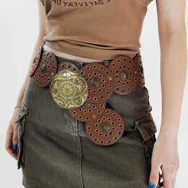 Heyjoin Hollow Wide Disc Belt for Women Out Round Leather Metal Buckle Belt Soft Durable Vintage Western Waist Belts (Bronze Brown A-XL)