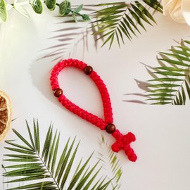 1Pc Handmade Christian 33 Knot Orthodox Greek Omboskoini Prayer Rope Protection Blessing Cross Charm Tassel Car Hanging Charm (Red)