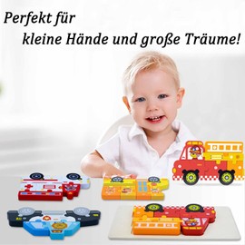 Dr. MUYA Wooden Puzzle for Children 2 3 4 5 Years, Montessori Toy, Educational Wooden Toy, Educational Children's Toy, 4 Pieces, Fire Engine Police Car, Gift for Boys