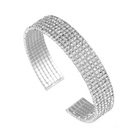 Ecesha Sparkly Silver Simple 6 Layers Rhinestone Cluster Wide Cuff Bangle Wedding Jewelry for Women Bridal Statement Bracelet