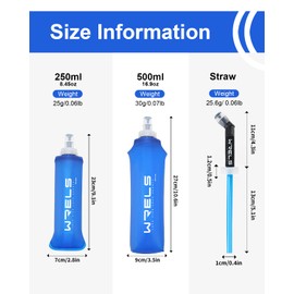 WRELS - Frasco suave de TPU de 150 ml/250 ml/500 ml, botella de agua plegable sin BPA para correr, senderismo, ciclismo, escalada y maratón (500 ml/16.8 onzas con pajita, paquete de 2 unidades)