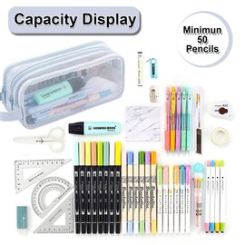 Large Grid Mesh Pencil Case, Clear Pencil Case with 2 Compartments, Pencil Pouch with Handheld Transparent Makeup Bag for Teen Student College Business Travel Office Adult - Blue