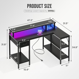 DUMOS Gaming Desk, Monitor Stand, LED Lights, Storage Shelves