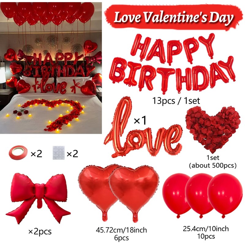 Red Birthday Balloon Set with Heart Foil Balloon - Romantic