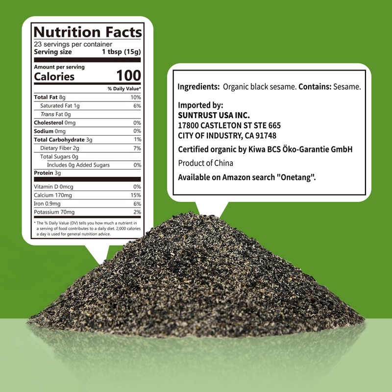 ONETANG Organic Black Sesame Powder,Plant Based,Gluten-Free,Vegan,Protein Source No Sugar,Low Temp