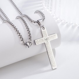 DNBVII Stainless Steel Cross Necklace Lord's Prayer Pendant, Intricate Engraving for Men Women, Faith & Protection with Chain(Sliver)
