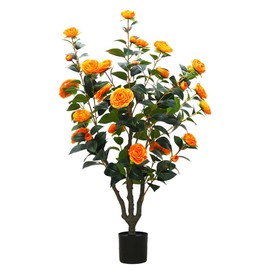 Olrla Artificial Camellia Tree 40'' Faux Floral Plant in Pot with Orange Flowers and Green Leaves for Indoor Outdoor Decoration