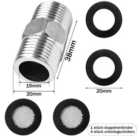 CONJURAIDE Double Nipple 1/2 Inch (Diameter 20 mm), Shower Hose Extension Tap Extension Flex Hose 1/2 Inch Tap Adapter with 2 Filter Elements and 2 Seals for Pipes Valves Connectors
