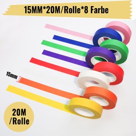 Hengxinchen 8 Colour Masking Tape Painter's Tape, 15 mm x 20 m Coloured Tape, Colourful Decorative Tape, DIY Masking Tape Processing, Colourful Tape for Crafts, Art Lessons, Painters, Children, Wall