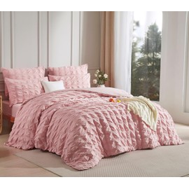 Luowei Seersucker Bed Linen 135 x 200 cm Checked Pink Fluffy Non-Iron Aesthetic Set Summer Cooling Duvet Cover 135 x 200 cm with Zip and Pillowcase 80 x 80 cm