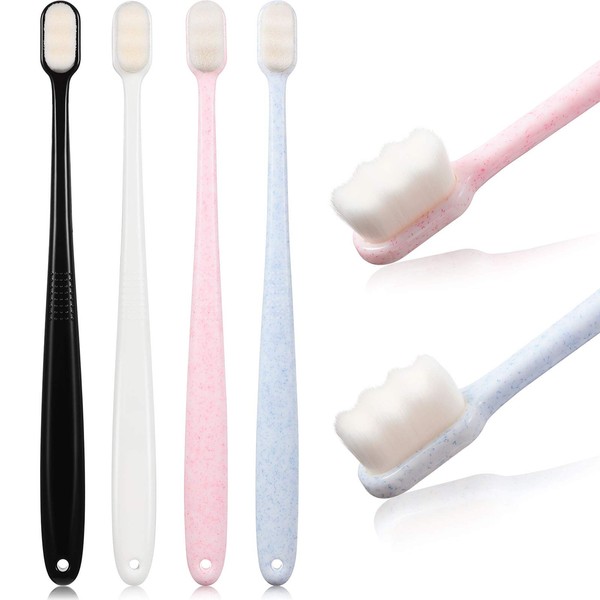 4 Pieces Extra Soft Toothbrushes 20000 Bristle Toothbrush Micro Nano Manual Toothbrush for Fragile Gums Adult Kids Children (Black, White, Pink, Blue)