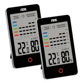 ADE Digital Hygrometer Indoor with Mould Alarm | Moisture Meter with Thermometer | Temperature and Humidity Meter | Large LCD Display | Double Pack | Black