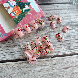 24Pcs Christmas Holly Press on Nails Short Square False Nails,Christmas Fake Nails with Colorful Lights Designs Cute Cartoon Acrylic Nails Full Cover Xmas Stick Glue on Nails for Women Girls