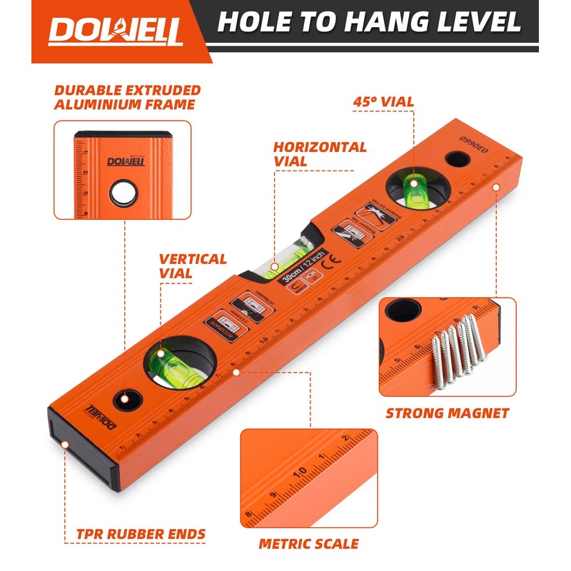 DOWELL 12 Inch Magnetic Spirit Level with Metric Scale, 3