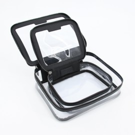 Duo Black Toiletry Bag Waterproof Toiletry Travel Bag Clear PVC Zippered Cosmetic Bag Makeup Bag Clear Wash Bag Organizer Makeup Bag Men & Women. Vegan Leather Black. 2 Pack Large and Small