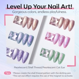 modelones Cat Eye Gel Nail Polish, 6 Colors Shimmer Pearl Magnetic Nail Drawing Set with Magnet, Iridescent Mermaid Swirl Shell Thread Purple Pink Blue Glitter, DIY Manicure Gift for Women Girl