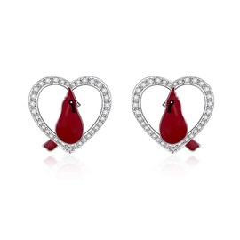 Sterling Silver Heart Cardinal Earrings for Women Hypoallergenic Cute Stud Huggie Weird Piercing White Gold Crystal Cubic Zirconia Post Pin Holiday Earring Hooks