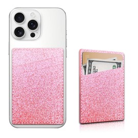 NEZGUEE Cell Phone Adhesive Card Holder - Dual Pocket Leather Wallet with Adhesive, Cute Credit Card Holder for Most Phones -Glitter Pink