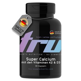 TRU Sports Nutrition | Super Calcium mit Vitamin D3 + K2-90 Kapseln - mit 200mg Calcium, 750 I.E. Vitamin D3 und 51μg Vitamin K2 - Hochdosiert - 100% Vegan | Herstellung & Laborprüfung in Deutschlan
