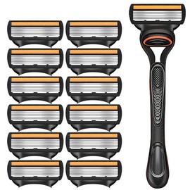 Men's Manual Shaver 5 Blades with 12 Refills in Black Orange Color Comfort Shaving Set