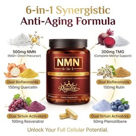 Suplemento NMN NAD 6 en 1 de 1250 mg - Mejorado con resveratrol, pterostilbeno, quercetina y TMG | Soporte y optimizador de NAD+ para energía celular,