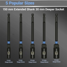 WojBear 5 Pcs 150 mm Extended Deep Socket Set 6-14mm, Hexagon Nut Setter Driver Drill Bits Set with 1/4 hex Shank, Long Reach Impact Driver, Nut Runners Bolt Extractor Sockets