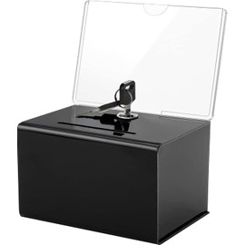 MaxGear Acrylic Donation Suggestion Box with Lock, Secure and Safe Tip Jars, Ticket Box Drawing Box for Business Cards, Fundraising (6.25" x 4.5" x 4") - Black